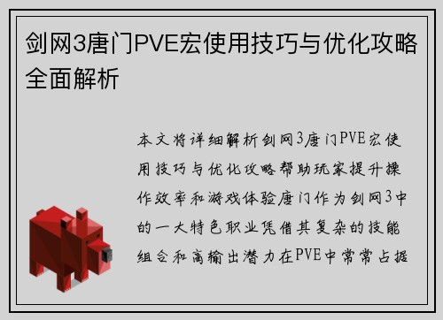 剑网3唐门PVE宏使用技巧与优化攻略全面解析